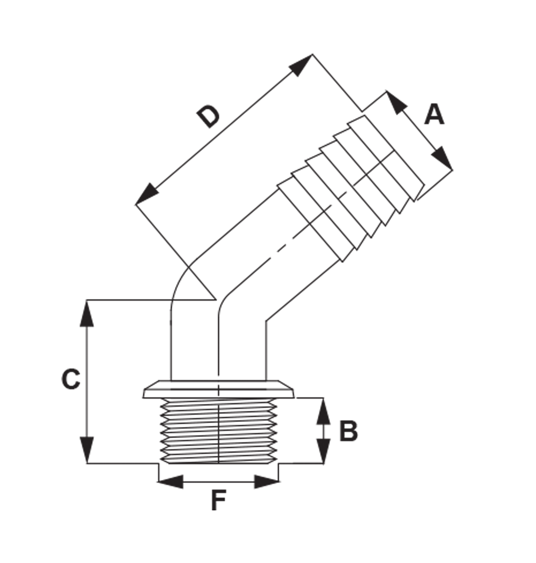 RACORD PORTAMANGUERAS CURVO 45° ROSCA MACHO - Imagen 2